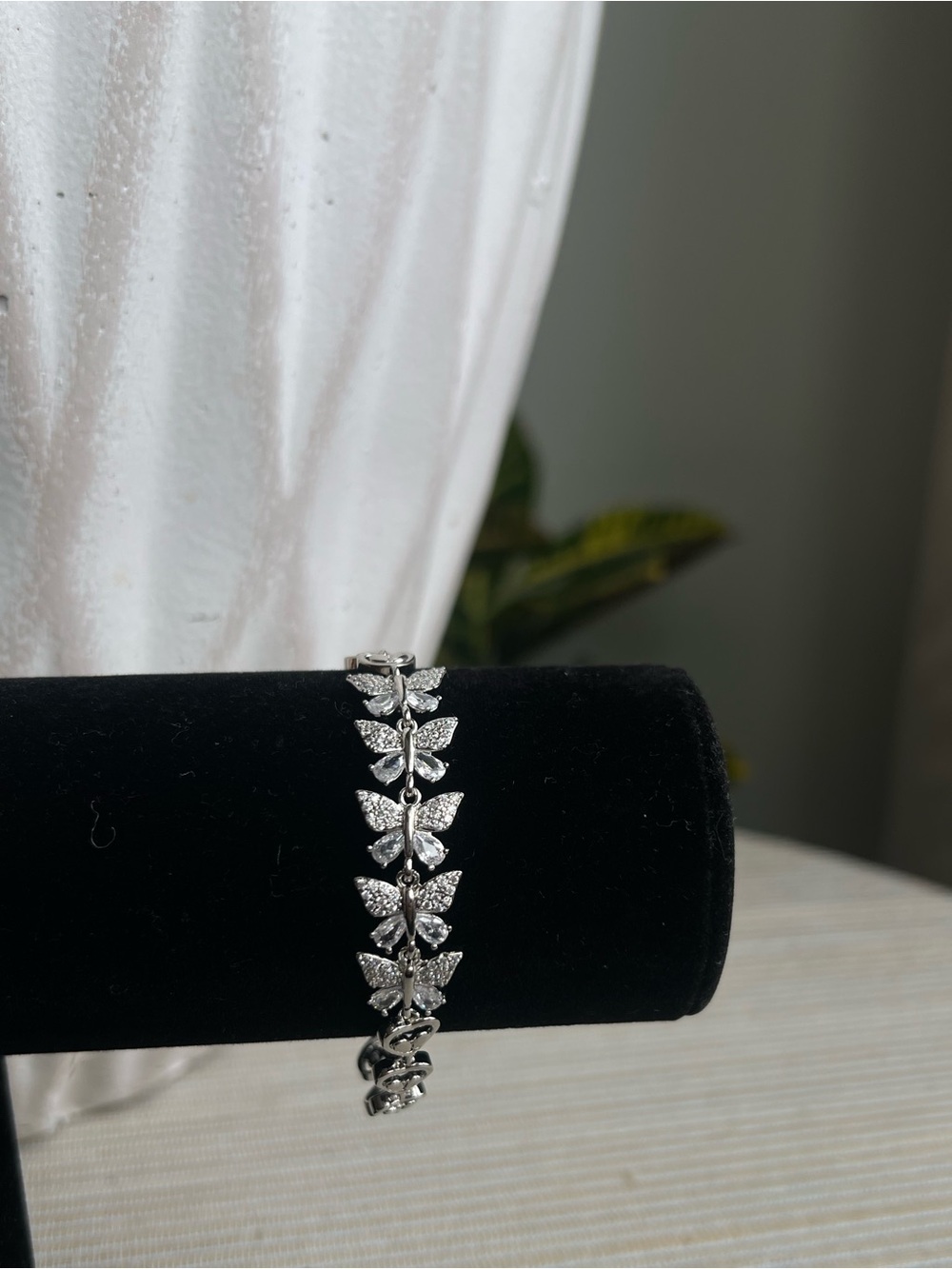 Cz Silver Butterfly crystal  Bracelet with plain heart links